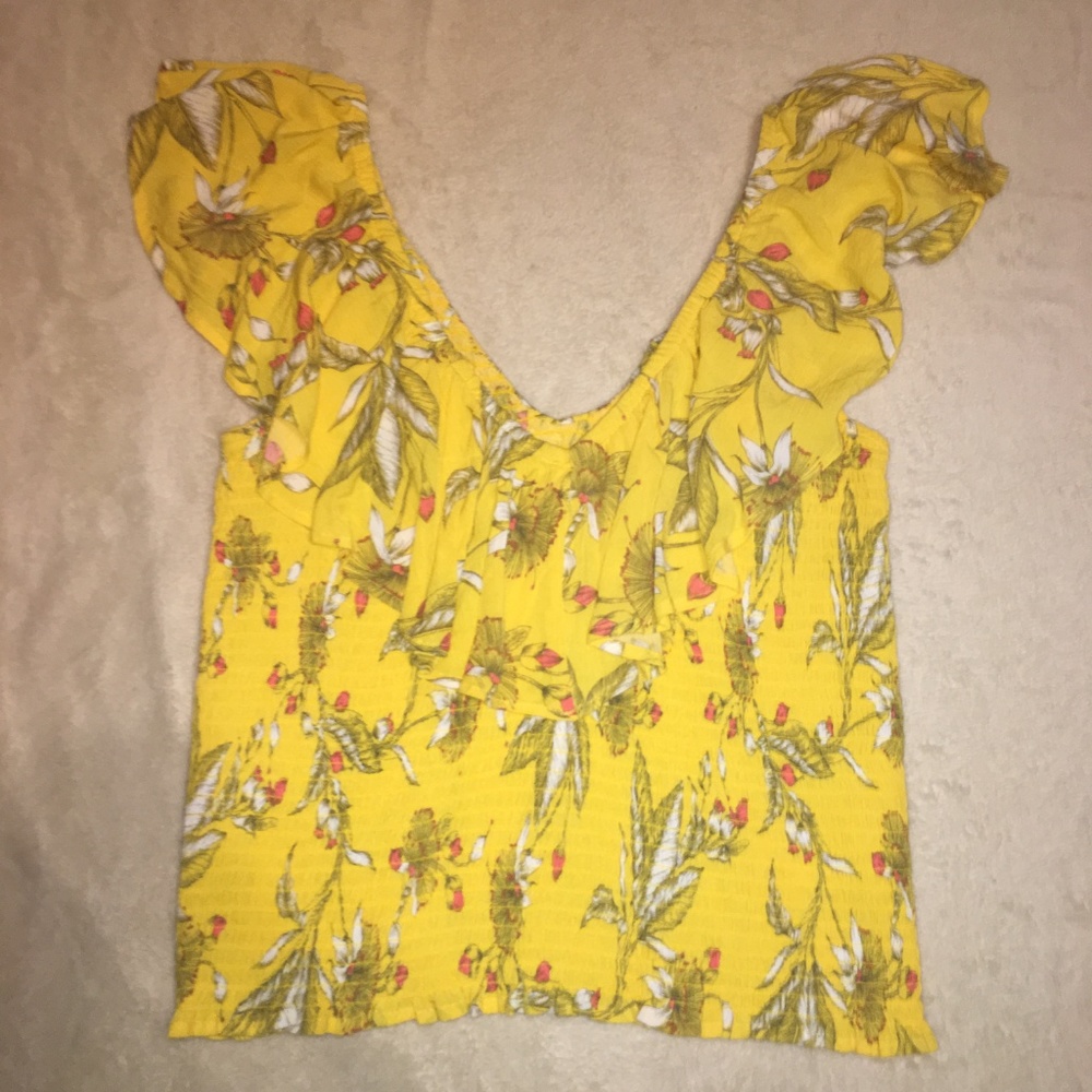 Yellow Floral Wide Shoulder Ruffle Top